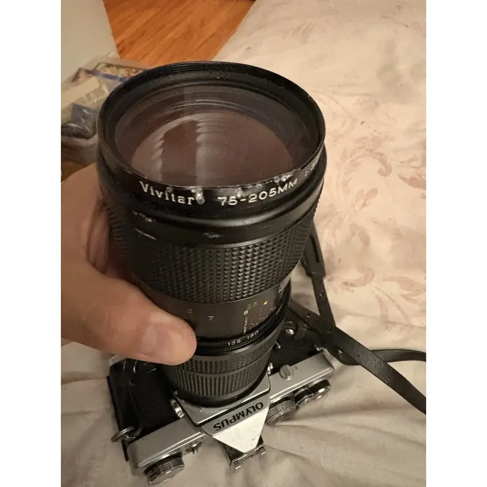 Olympus OM-1 Film Camera W/ Vivitar 75-205mm F3.8 Auto Focus Lens And Arm Sling